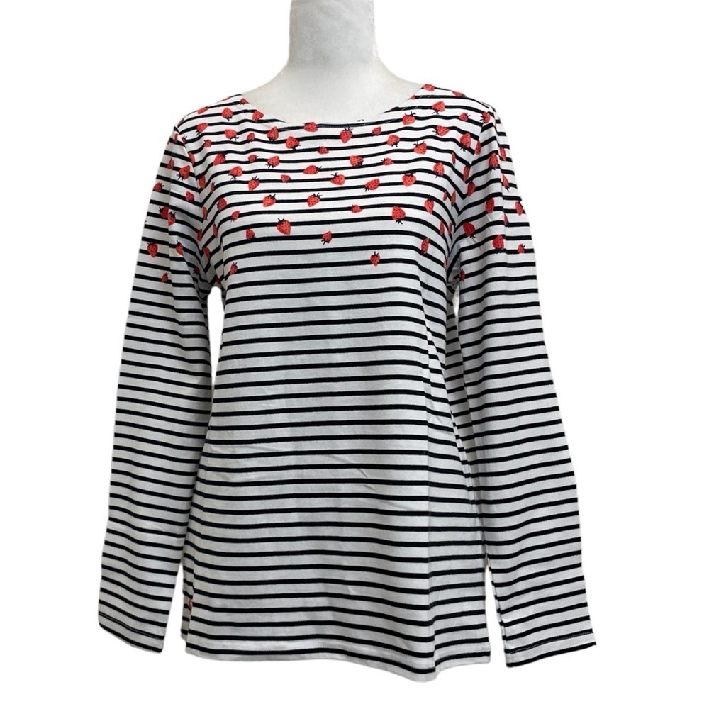 Joules Cotton Black & White Striped Harbour Strawberry Print Jersey Top